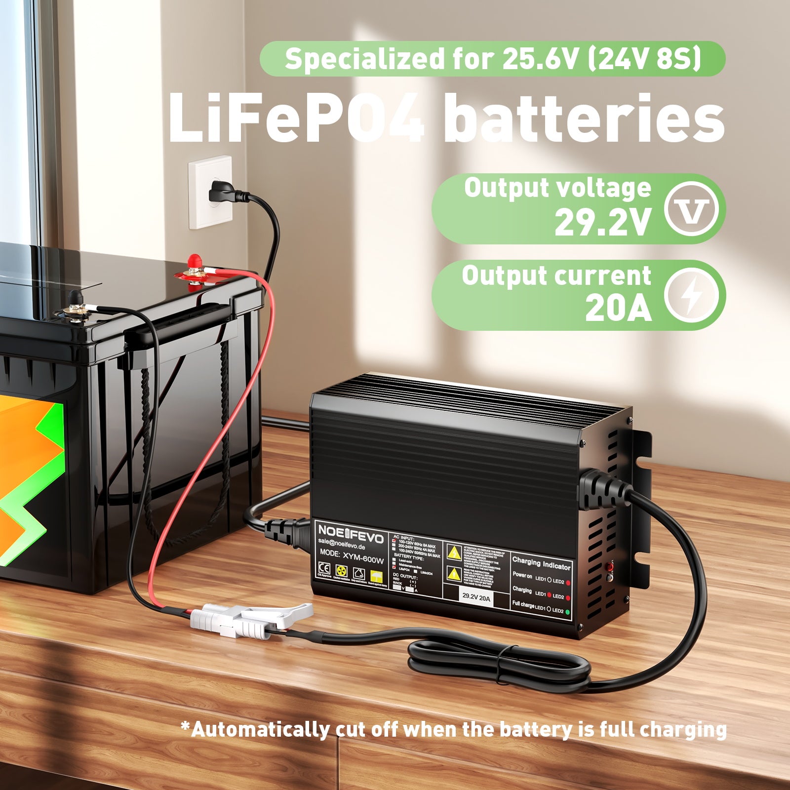 NOEIFEVO 24V 25.6V 20AMP Lithium LiFePO4 battery charger , Charging Voltage 29.2V , Automatic Cut Off, 0V BMS Activate